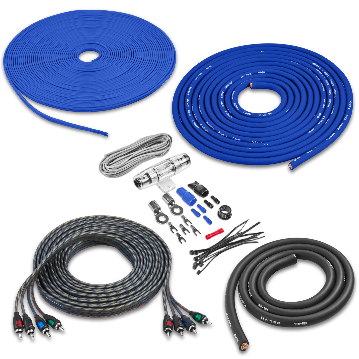 BAK44BL | 4 Gauge Premium (CCA) Copper Clad Aluminum Complete 4-Channel Amplifier Wiring Kit with RCA