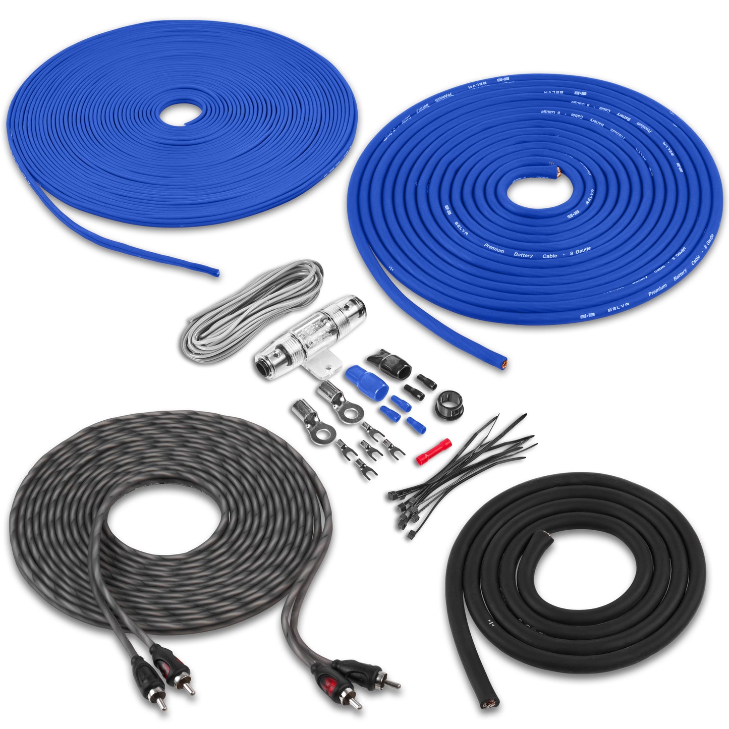 BAK82BL | 8 Gauge Premium (CCA) Copper Clad Aluminum Complete 2-Channel Amplifier Wiring Kit with RCA