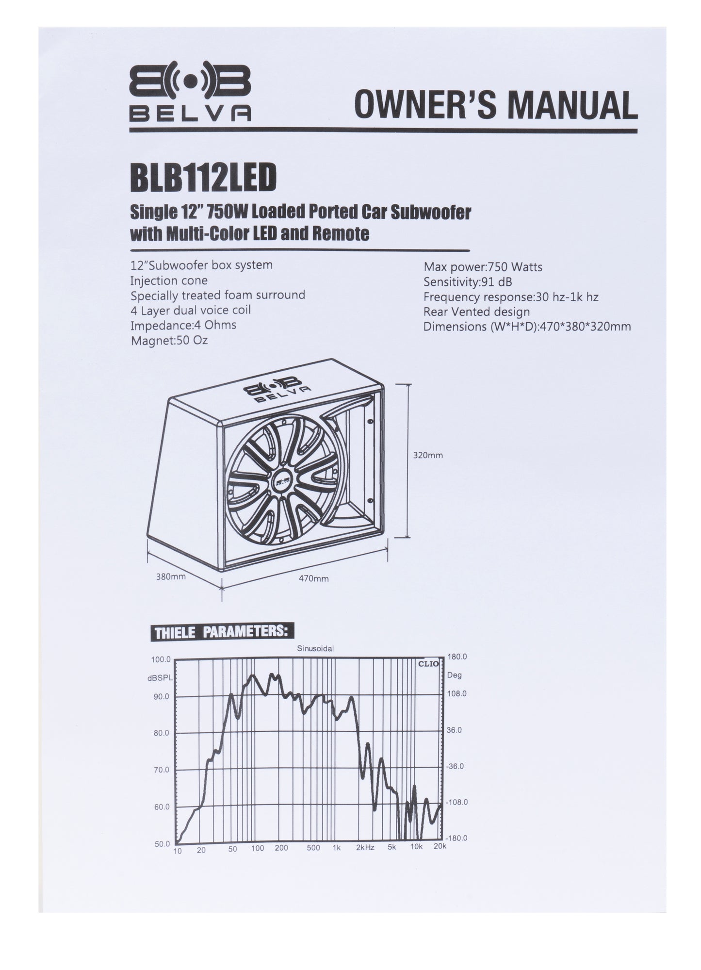 BLB112LED | 750W Peak Single 12" Loaded Ported Subwoofer Enclosure w/ Multi-Color LED and Remote