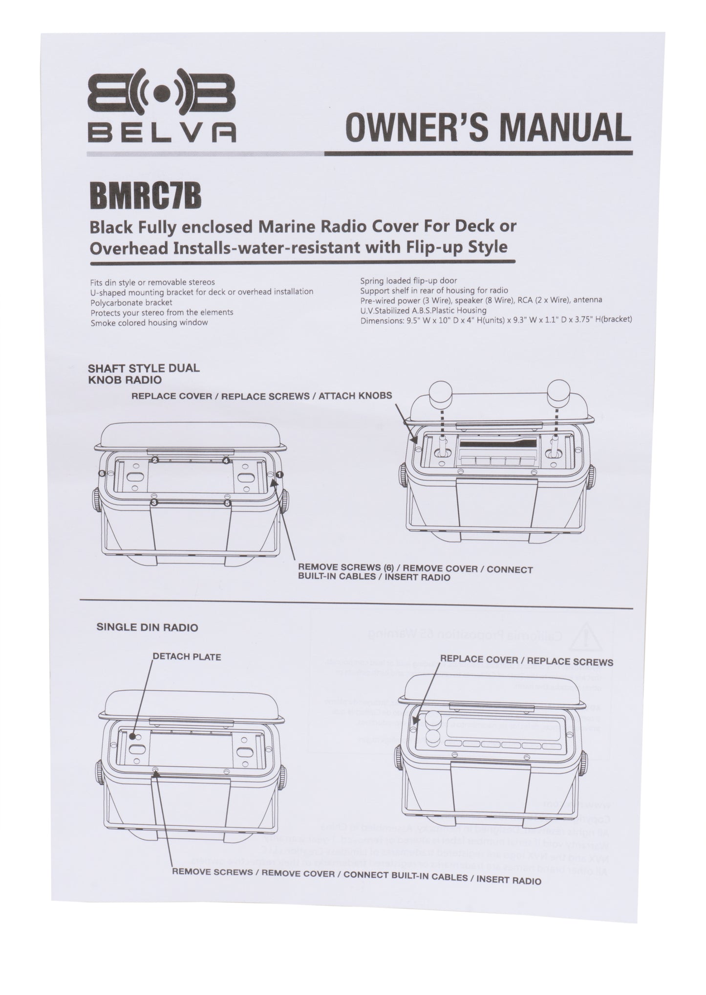 BMRC7B | Flip-up Fully Enclosed Black Marine Stereo Splash Guard