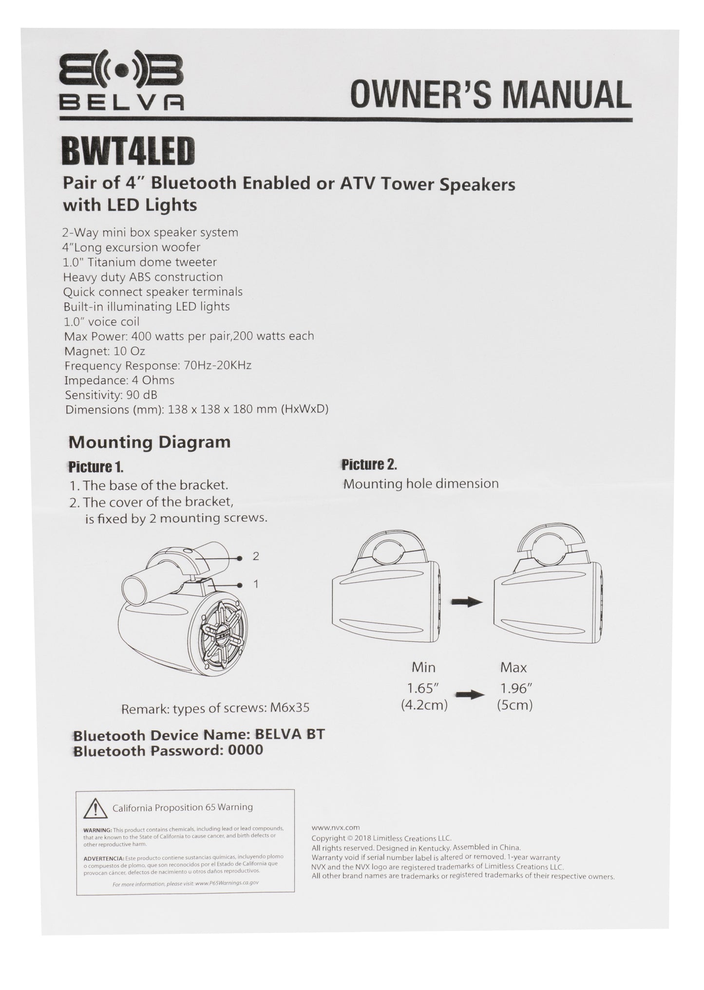 BWT4LED | 400W Peak 4" Powersports UTV Speaker Pods with Blue LED Lighting