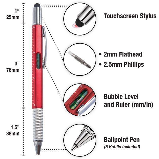 6 in 1 Multifunction Tool Pen with 5 Refills - 3 Pack Gray | Yellow | Red (BAPEN3PK)