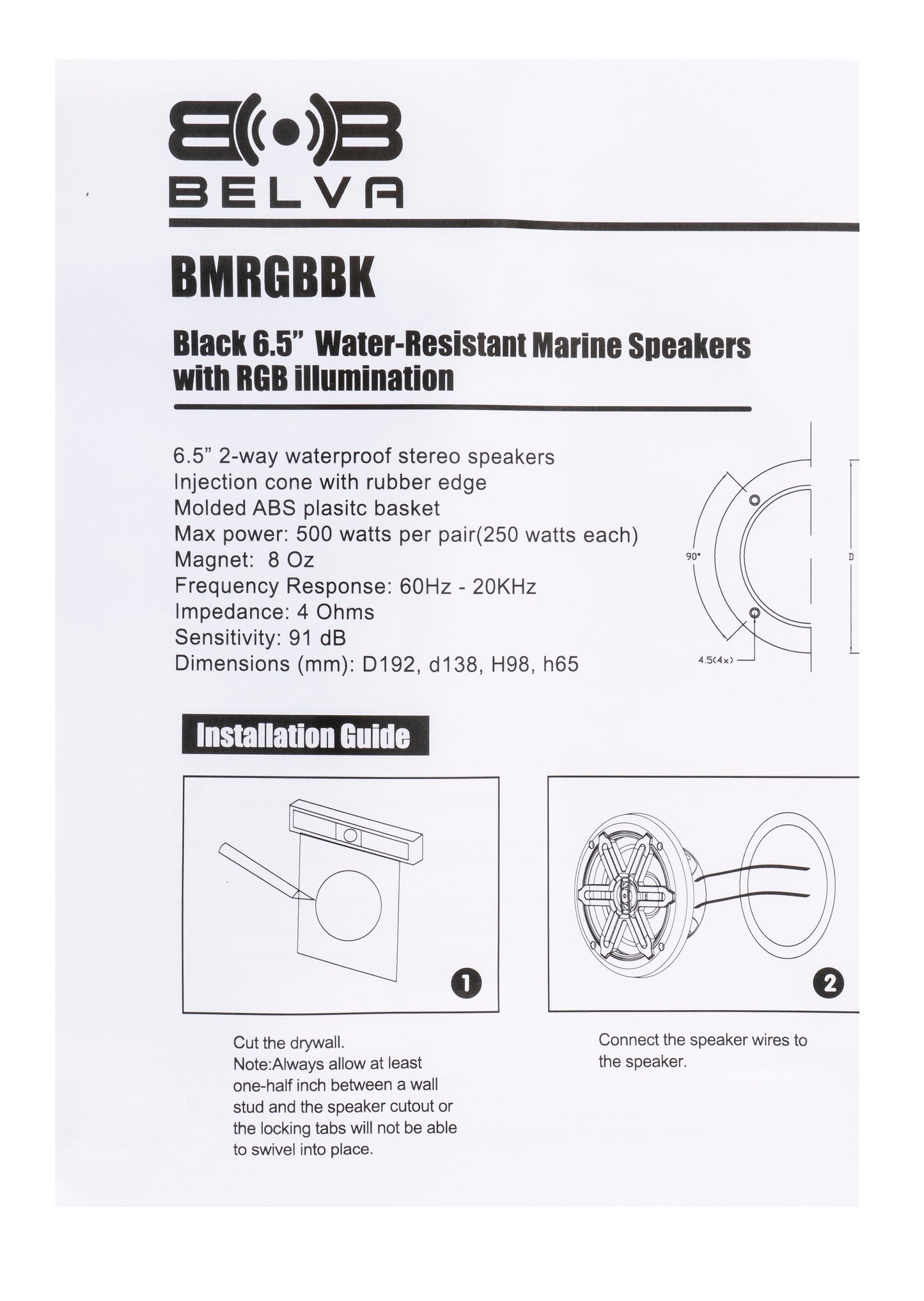 BMRGBBK 500W Peak (250W RMS) 6.5" 2-Way Coaxial Marine Speakers with Multi-Color LED Lighting (Black)